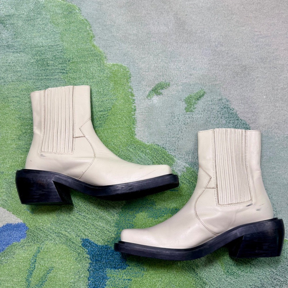 Alohas West Ivory Leather Square Toe Ankle Boots Cream Western Block Heel 36